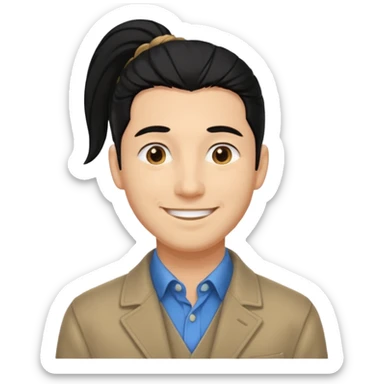 black long pony tail hair man with polite outfit smile warmly sticker