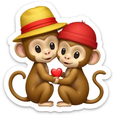 two cartoon monkeys hugging and kissing. The larger monkey is wearing a yellow straw hat like Luffy’s from One Piece. The smaller monkey is wearing a solid red headband. A small red heart floats between them to express affection. sticker