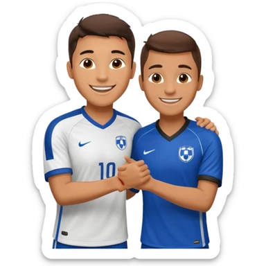 Soccer player celebrating with coach handshake under bright stadium lights, golden lighting, energetic, cinematic, realistic sticker