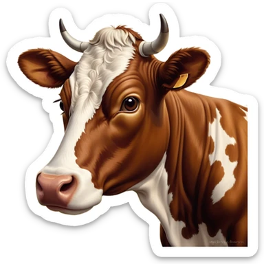 Cinematic Noble Brown and White Cow Portrait Emoji, Poised and regal, with a large, sturdy build and a beautifully patterned hide of rich brown accented by crisp white patches, deep-set soulful brown eyes, Simplified yet sharp and sophisticated features, highly detailed, glowing with a soft, dignified glow, high shine, intelligent and calm, stylized with an air of pastoral majesty, focused and attentive, soft glowing outline, capturing the essence of a watchful and confident bovine guardian, so majestic it feels as though it could amble out of the screen with effortless authority! sticker