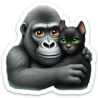 Friendly gorilla hugging a black cat with green eyes sticker