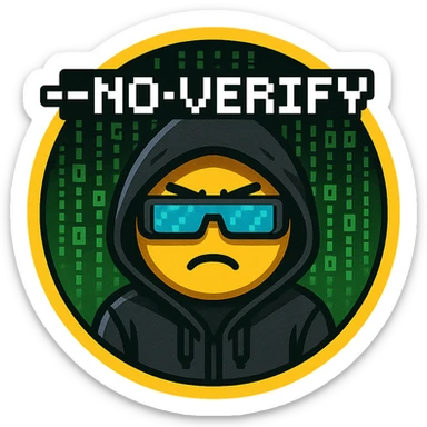 emoji style icon, '--no-verify' in pixelated font, matrix code falling, cyberpunk hacker look sticker