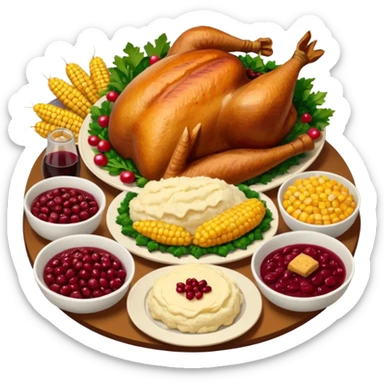 Thanksgiving Dinner with 6 friends of all different races around the table; have the food be a cooked turkey, mashed potatoes, corn, a basket of biscuits, a small bowl of cranberry sauce, baked yams, steamed vegetables, and a bottle of wine. sticker