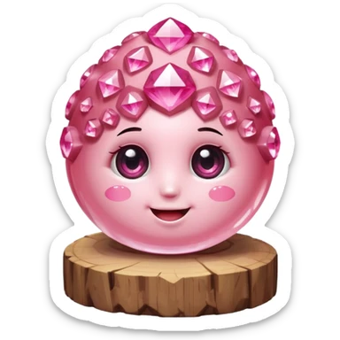 A single cute pink crystal cluster character, chunky round base with many tall rose-pink crystal quartz cluster imperfect, on the front of the base a kawaii face with big shiny eyes and a happy open smile very shiny and nothilng else sticker