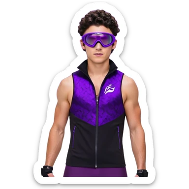 male athlete with white skin and moderately curly dark brown hair on top with shaved sides, wearing ski goggles with purple frames and very dark black lenses, a simple plain black chain necklace, and a completely unzipped sleeveless vest with purple and black sequin fire pattern design with no logo, fully revealing his chest, shoulders and arms, no earrings sticker