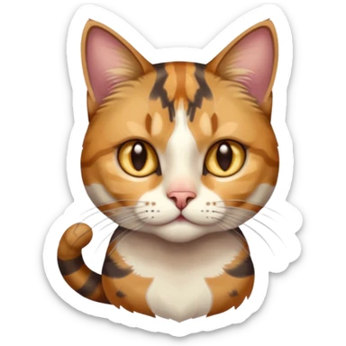 full body anxious looking colourful light calico tabby cat with hazel eyes  and half of face in brown tabby sticker