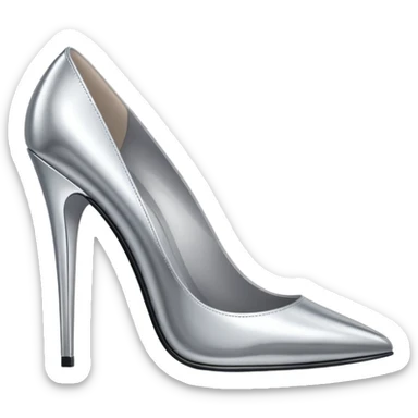 A pair of high heel shoes emoji made of polished silver chrome, elegant sharp silhouette, smooth metallic surface, glossy reflections, luxury sexy vibe, minimalistic iOS emoji style, centered, clean white background sticker