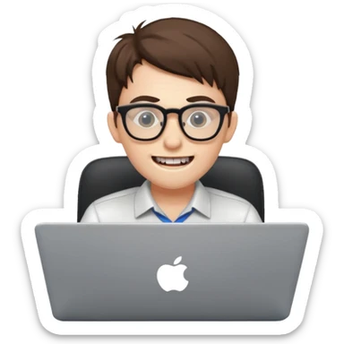 geeky software engineer with glasses and protruding teeth, typing on a laptop, simple, clear sticker