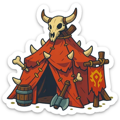 orc tent, vibrant illustration style, detailed leather, wood and bones, tribal atmosphere sticker