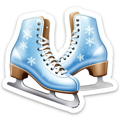 An icon showing In the background, twinkling lights, winter trees, and cheering spectators create a festive atmosphere. a pair of elegant ice skates gliding across a smooth, frozen rink with snowflakes in the air. Transparent background highlights the grace and charm of ice skating. sticker