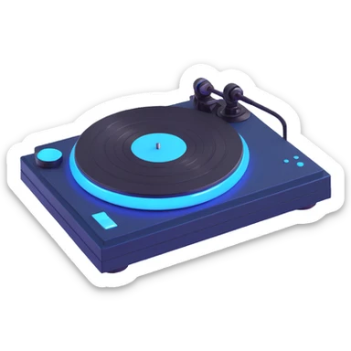 Design a black version of this Pixar-style turntable, with a glossy finish and a touch of blue lighting for a modern feel, in the Pixar 3D style. sticker
