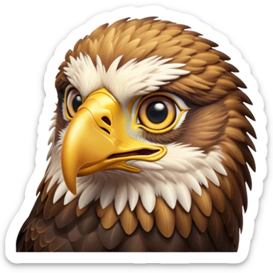 Cinematic Cute Golden Eagle Portrait Emoji, Head tilted playfully and inquisitively, featuring a compact, streamlined form with subtly ruffled, golden plumage and round, sparkling eyes full of spirited charm, Simplified yet irresistibly adorable features, highly detailed, glowing with a warm, inviting glow, high shine, affectionate and lively, stylized with a touch of whimsical aerial grace, soft glowing outline, capturing the essence of a mischievous yet endearing golden eagle that seems as if it could glide out of the screen into your heart! sticker