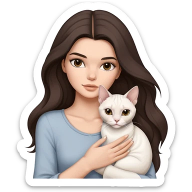 brunette Kendall Jenner with long hair holding on the hands a white cat, and a grey Sphynx sticker