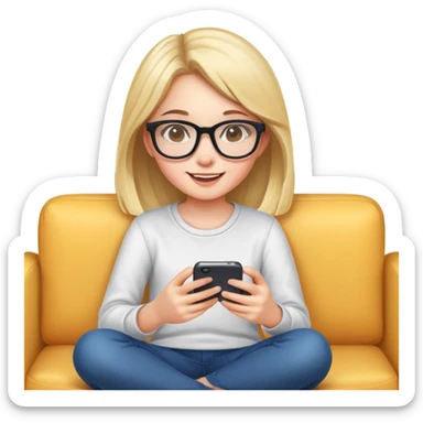 A cute young girl with glasses sitting on a couch, happily playing a mobile phone game sticker
