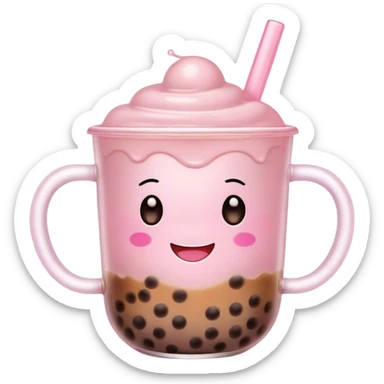 Cute Kawaii Boba Tea Cup, with a happy smiling face, chubby round shape, pastel pink and brown colors, soft glowing highlights, adorable tapioca pearls floating inside, sparkling eyes full of joy! sticker