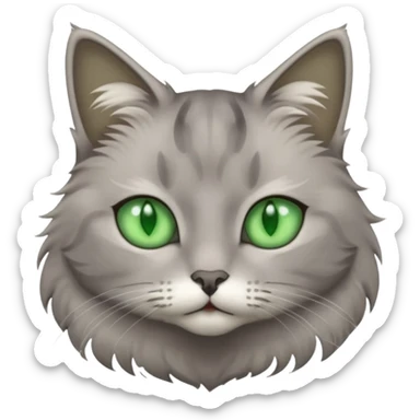 grey cat with green eyes and white stain below the blow sticker