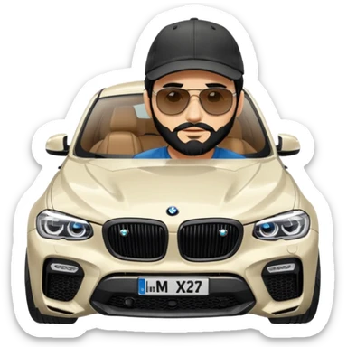 A man with black hair and beard on top of the bonnet of a grey BMW X4 M competition with sunglasses and a baseball cap on sticker