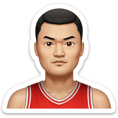 Yao Ming – Cinematic Realistic Portrait of Yao Ming, depicted as a towering basketball icon in a modern uniform, with a gentle yet determined expression and dynamic arena lighting that highlights his immense stature and graceful athleticism. sticker