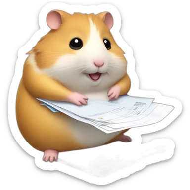 Fat hamster is sitting with a stack of documents and passport sticker