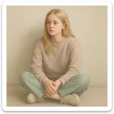 a blonde-haired woman sitting and waiting, casual style, soft colors sticker