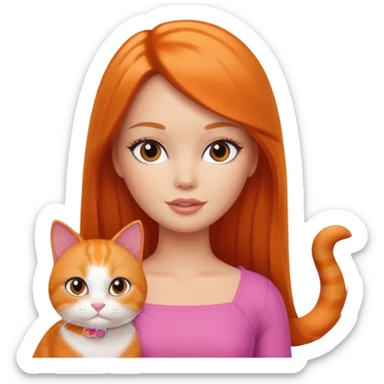 White Barbie girl dark brown long hair with British orange cat sticker