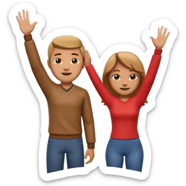 A 3D cartoon couple on top of a hill raising hands in victory, sunny sky and nature background, Memoji-style. sticker