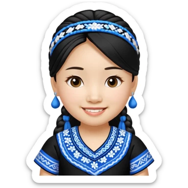 Make a hmong girl emoji in a blue, white, and black Hmong inspired dress sticker