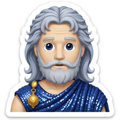 Saturn, God of Time from Roman Deities with long gray wavy hair and beard, indigo sequin toga sticker