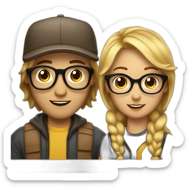 A Women with brown midlong Hair and glasses in Love with a blond Man with gold glasses and a baseballcap sticker