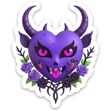3D emoji gothic heart, purple glass, crescent moon, black roses, devil horns and tail, holographic stardust, neon lightning, drenched look, splintered glass texture sticker