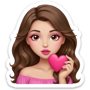 girl with long wavy brown hair, brown eyes, long lashes makeup, sexy pink lips, light to medium complexion, wearing a pink sexy top, sexy , puckering, blushing, kissing a heart sexy sticker