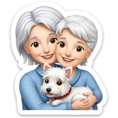silver-haired 60-ish lady smiling and hugging westie sticker