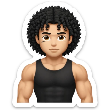 a pretty bratz guy with curly black hair with big muscles and shaggy hair in a tight black tee sticker