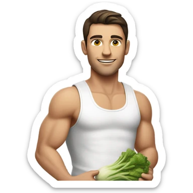 attractive white muscular brunette young man using a chopping vegetables sticker