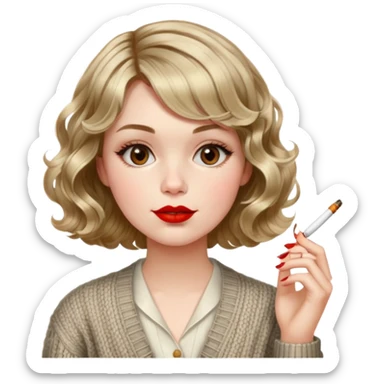 Alluring 1870's French girl french shiny wavy textured bob haircut tousled hair red lips smoking cigarette by wearing knitted cardigan sticker