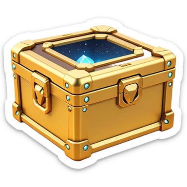 Clash of Clans aesthetic: Cinematic Playful Sci-fi Loot Crate Emoji, rendered in a 3D vector-style similar to standard emojis with minimal shading and bold, simplified shapes. A compact, futuristic storage box with sleek metallic panels and digital accents, softly glowing with a cosmic treasure charm. Simplified yet unmistakably iconic, highly detailed and consistent, glowing with a soft radiant shine and high gloss. Stylized with a touch of intergalactic mystery and a soft glowing outline, capturing the essence of a futuristic reward chest with a friendly, playful allure! sticker