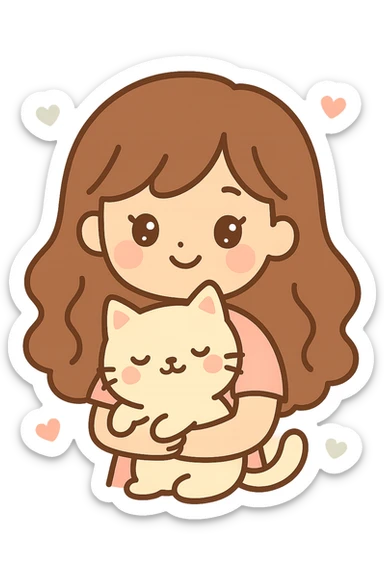 a girl with long wavy brown hair and brown eyes holding a cat, friendly and appealing style sticker