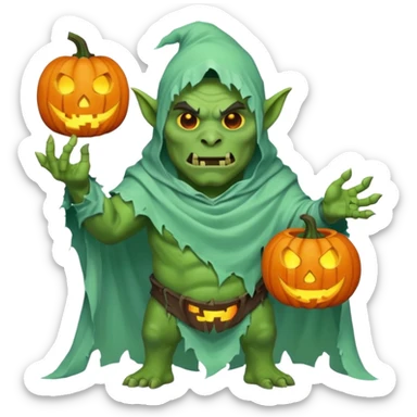 male orc ghost emoji, green skin, tusks, wearing torn white ghost sheet costume, holding glowing jack-o'-lantern, faint blue aura, friendly but spooky expression, Halloween fantasy theme, Apple emoji style, clean white background, square sticker