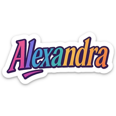 The name 'Alexandra' in a thick, colorful, edgy, youthful, elegant font, text only, no emoji, transparent background. sticker