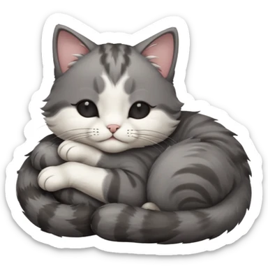 dark grey and white small cat with its eyes closed lying down leaning on its elbow with its paw curled under its head holding it up sticker