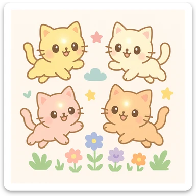 adorable small kittens, glowing and smiling, jumping in a colorful garden, cheerful and lively sticker