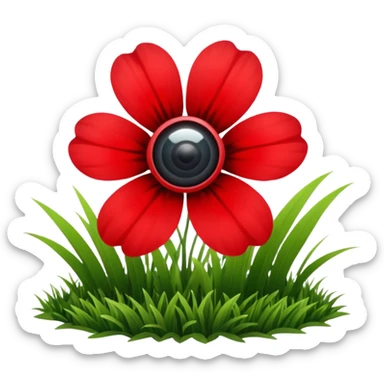 red flower in a grassy area with a bright sun in the sky, fish eye lens effect sticker