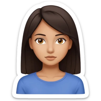 Koyu saçlı, genç bir kadın. Ten rengi buğday. Gözleri kahverengi. Saçları düz (veya kıvırcık) ve orta uzunlukta. Soft makyajlı, sade stil. sticker