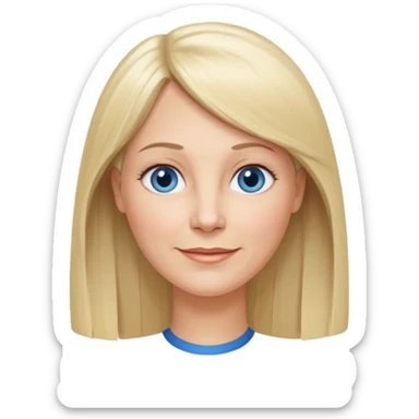 50 yr old white woman, hippe part bangs, very long straight blond hair, oval face, small smile, blue eyes, thin face, hair downback, hair parted at center of head, round cheeks, pale, longer hair sticker