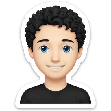 boy, young face like 20 years, blue eyes, medium curly hair black, easy smile, black t-shirt sticker