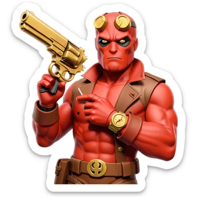 cinematic realistic superhero Hellboy by Mike Mignola jumps and shoots with a bronze pistol sticker