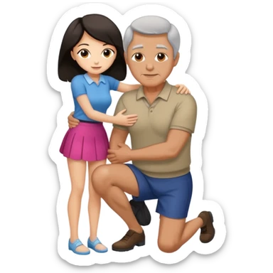 older man with dark hair on knees, facing dark haired woman in a micro mini skirt, hugging her waist sticker