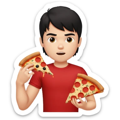 generate a pretty fair bratz boy with a messy mullet (black hair), wearing a red tshirt. eating pizza. He has big biceps sticker