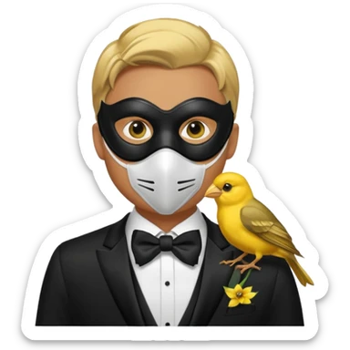A man facing forward wearing a tuxedo with a mask depicting a yellow canary. sticker