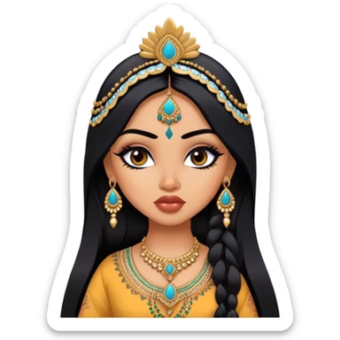 Indian nose, pretty lips, indian  clothes, medium skin,  long black hair, pretty bratz baddie, black eyeliner sticker